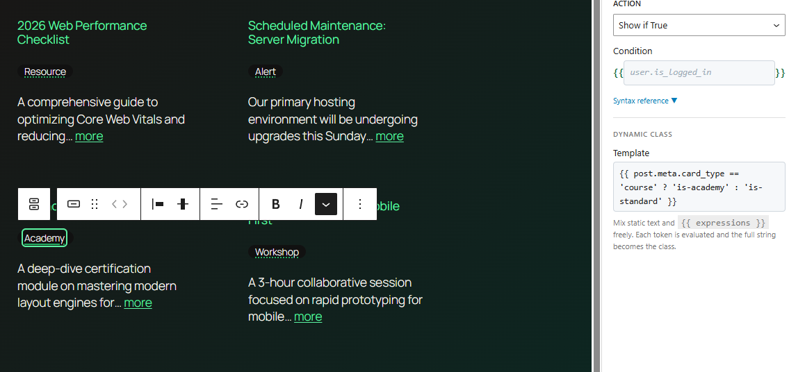 WordPress Block Editor showing a Query Loop with four post cards displaying dynamically resolved badges — Resource, Alert, Academy, and Workshop — alongside the block inspector with visibility condition and dynamic class ternary expression