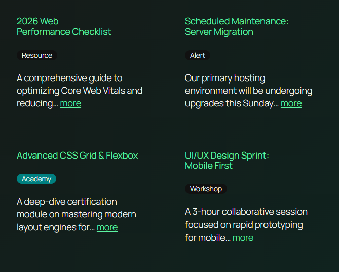 Frontend rendering of a Query Loop showing four post cards with color-coded badges: green 'Resource' and 'Academy' tags, red 'Alert' tag, and yellow 'Workshop' tag, each with excerpt text and a 'more' link
